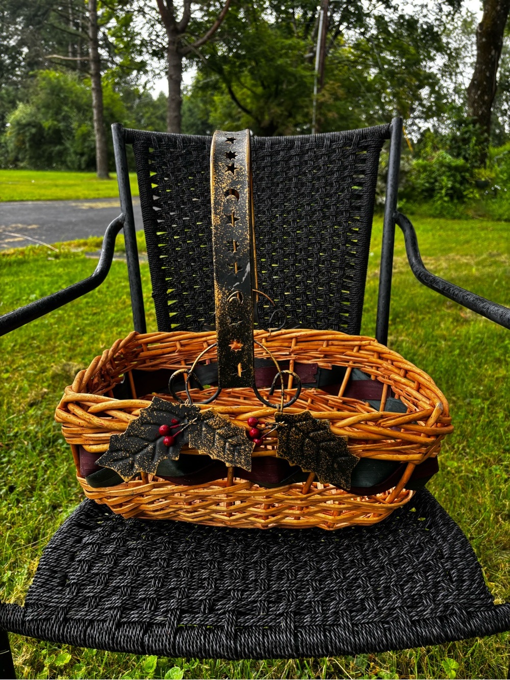 Rustic Wicker Basket with Black Handle and Berry Accents holiday Christmas